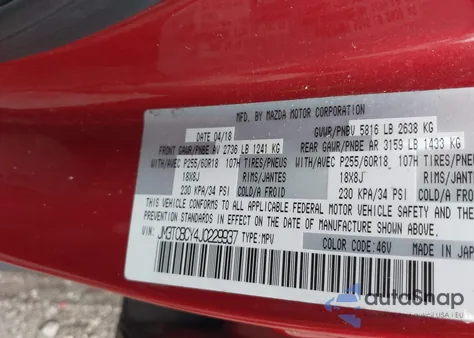 2018 Mazda Cx-9 Touring z USA, uszkodzony, nr VIN JM3TCBCY4J0229937